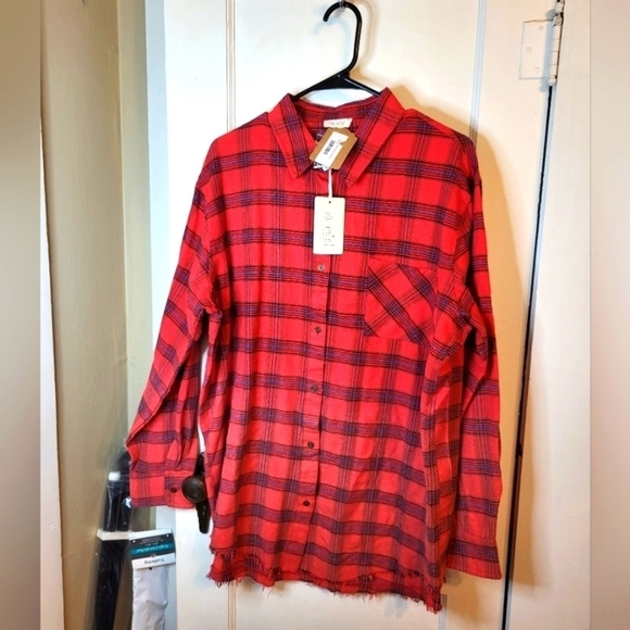 NWT Lamiel by Hyped Unicorn Med Distressed Flannel red plaid "Run Away With Me" - Picture 1 of 12